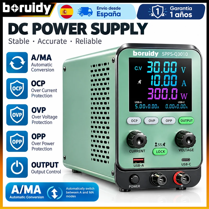 Image of Boruidy 30V 10A Einstellbares Variables DC-Labornetzteil, OCP OVP OPP Mehrfachschutz, CV CC Labor-Stromversorgung, Automatischer Strom- und Leistungsschalter mit USB-A USB-C Anschlüssen für
