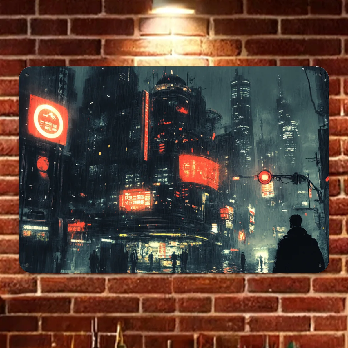 Cyberpunk City Vintage Metal Tin Sign Wall Art - Home Decor for Kitchen, Cafe, Garage-Retro Urban Landscape Poster Plaque