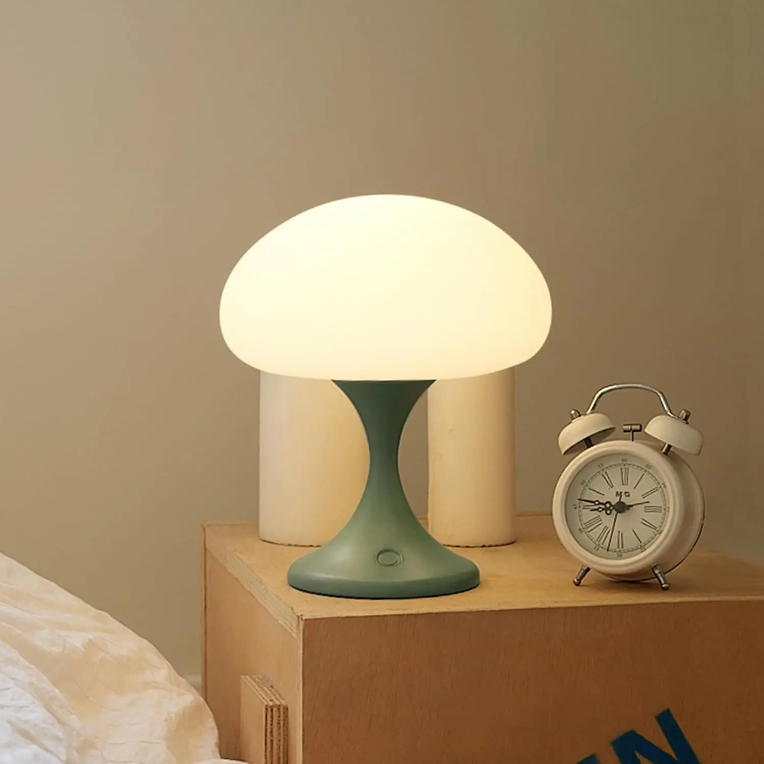 

5W LED Rechargeable Mushroom Lamp, Dimmable Touch Table Light with 3 Color Temps, Cordless Glass Shade, Retro Bedside Decor for Bedroom, Green