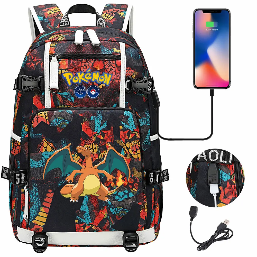 Pikachu Pokemon Backpack Teenage Boys Girls USB Canvas Schoolbags Student book bag Camouflage Capacity School Mochilas