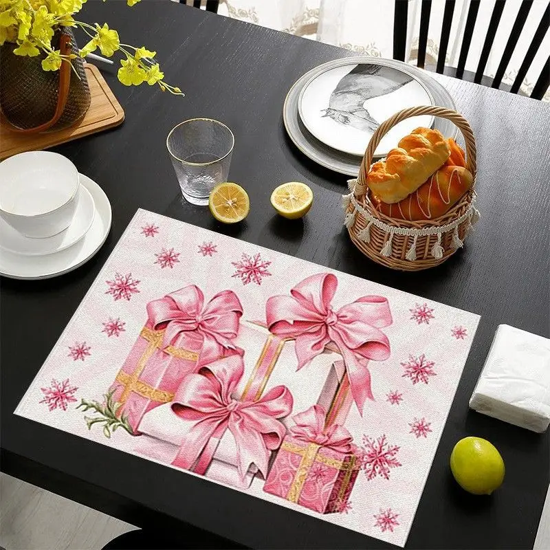 VIKAMA Pink Bow Gift Christmas Meal Mat Waterproof and Insulated Table Mat Holiday Party Home Restaurant Table Decoration Mat