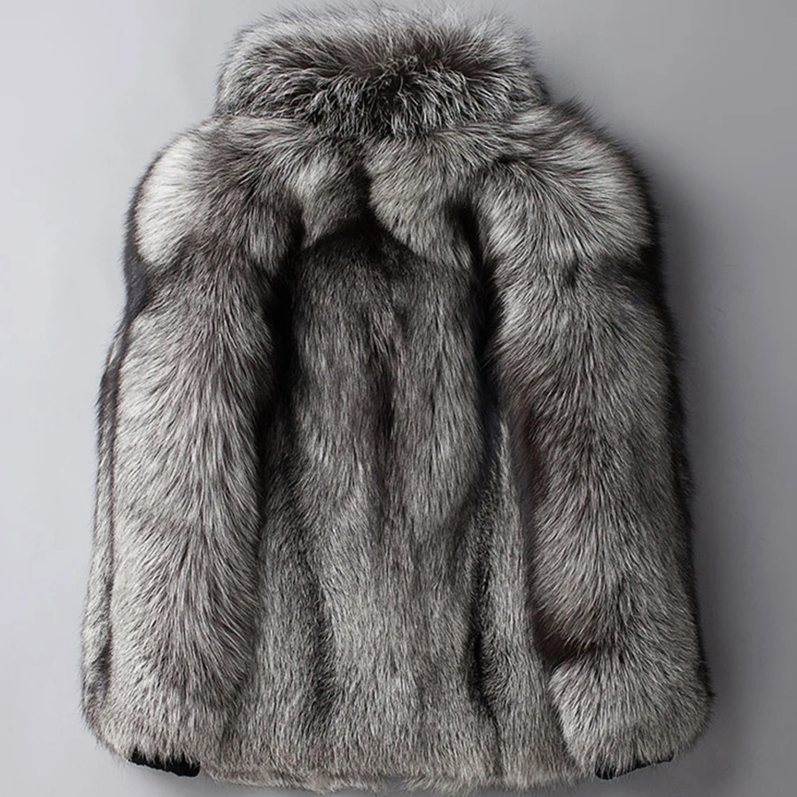 Genuine Fox Fur Coat Winter Coat With Silver Fox Lapel High Quality Mid-Length Men's Fur Jacket With Zipper