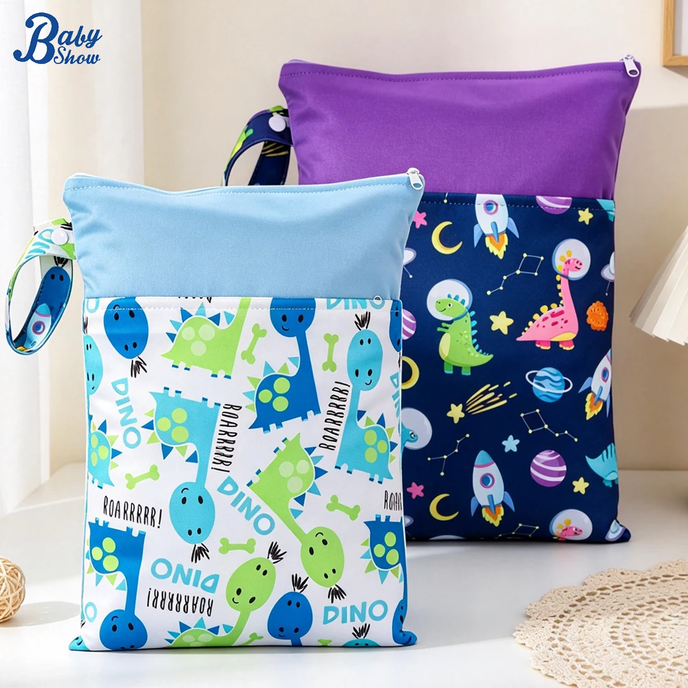 2pcs Dinosaur Prints Double Pocket Storage Bag Large Size Washable Reusable Wet Bag for Swimsuit Travel Beach Pool