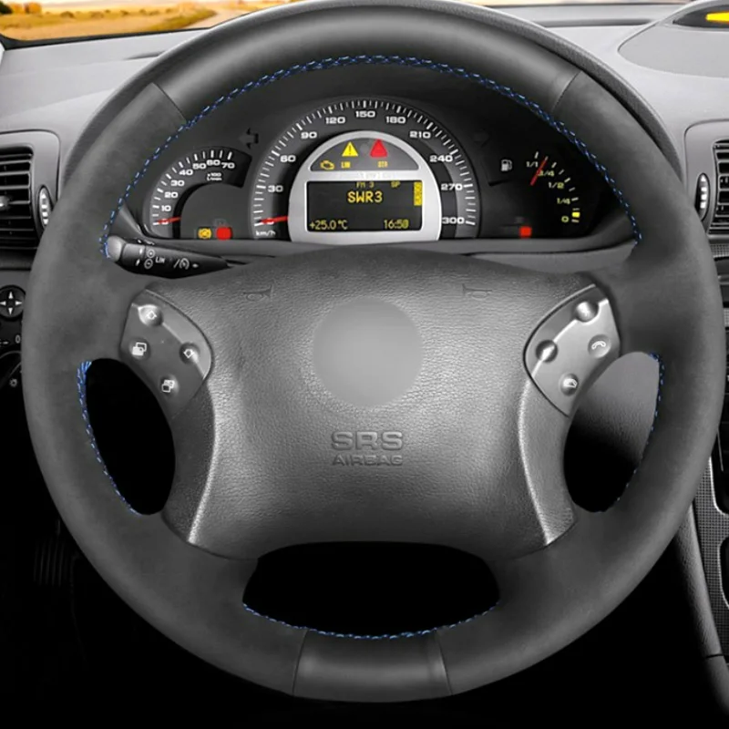 For Mercedes Benz W203 C-Class 2001 2002 2003 2004 2005 2006 2007 Custom Car Steering Wheel Cover DIY Full Coverage Grey Leather