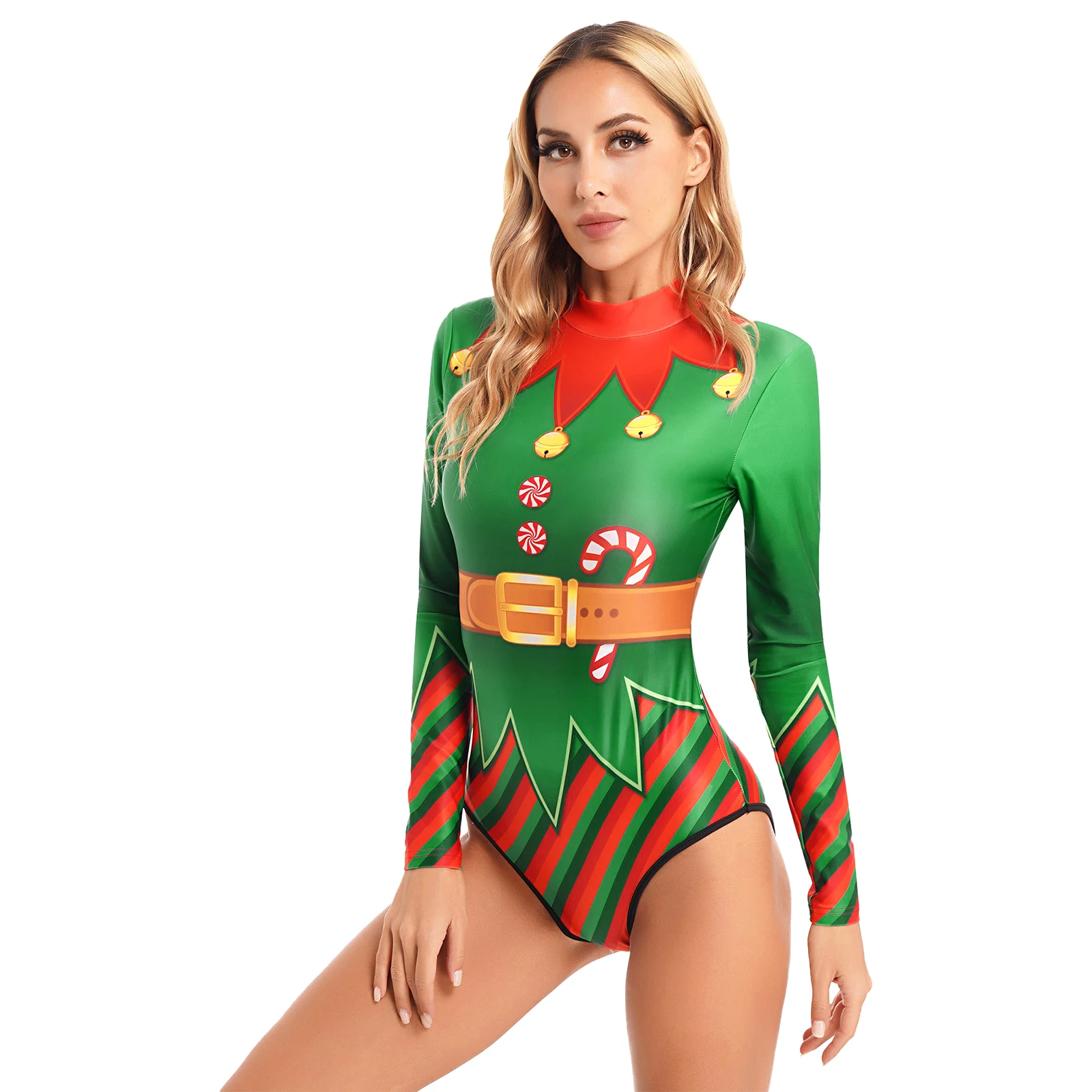 Women Christmas Vivid 3D Print Bodysuit Long Sleeves Printing Christmas Tree Jumpsuit for Swimwear Role Play Party Costumes