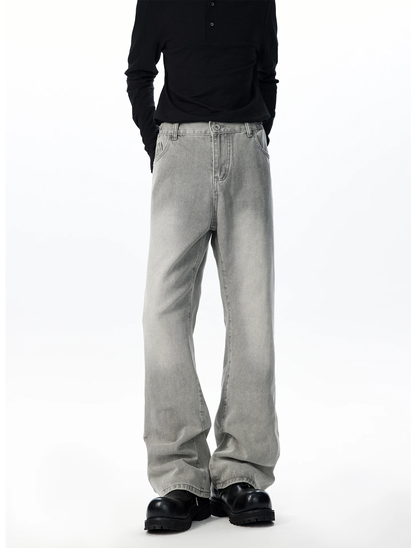 

Retro ey Cement Men's Slim Fit Jeans American High Street Long Straight Leg Trousers mid Waist Zipper Polyester Fiber