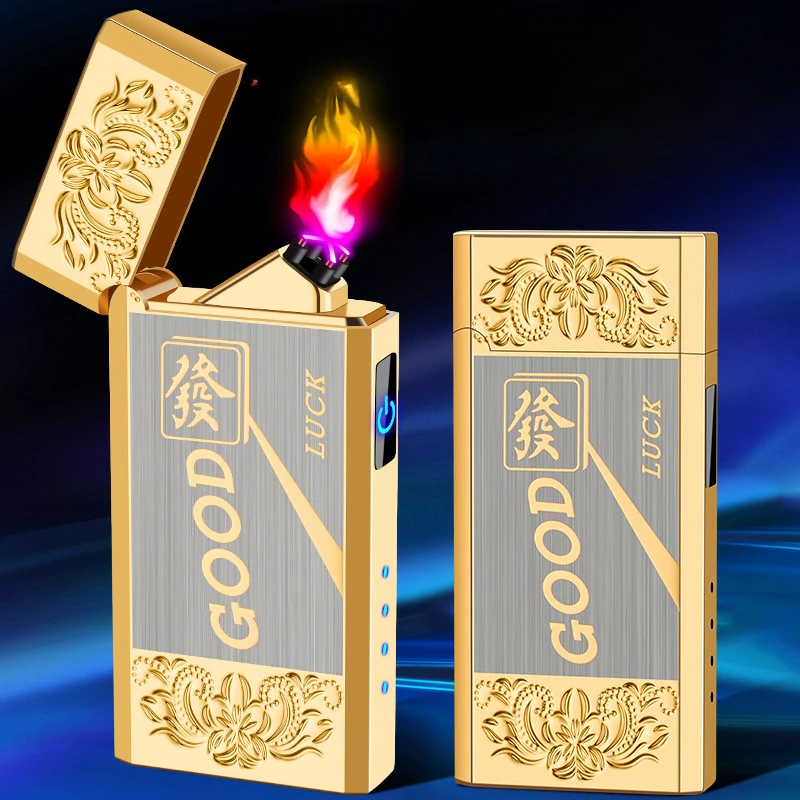 New Electroplated Double Arc Windproof Cigarette Lighter with Touch Sensitive Power Display Charging Lighter Outdoor Tool
