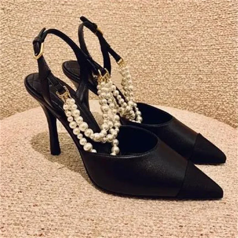 

Pearls Chain Shoes For Ladies Mixed Colors Female Sandals String Beadings Tacones Back Strap Pumps Sewing Lines Chassure Femme