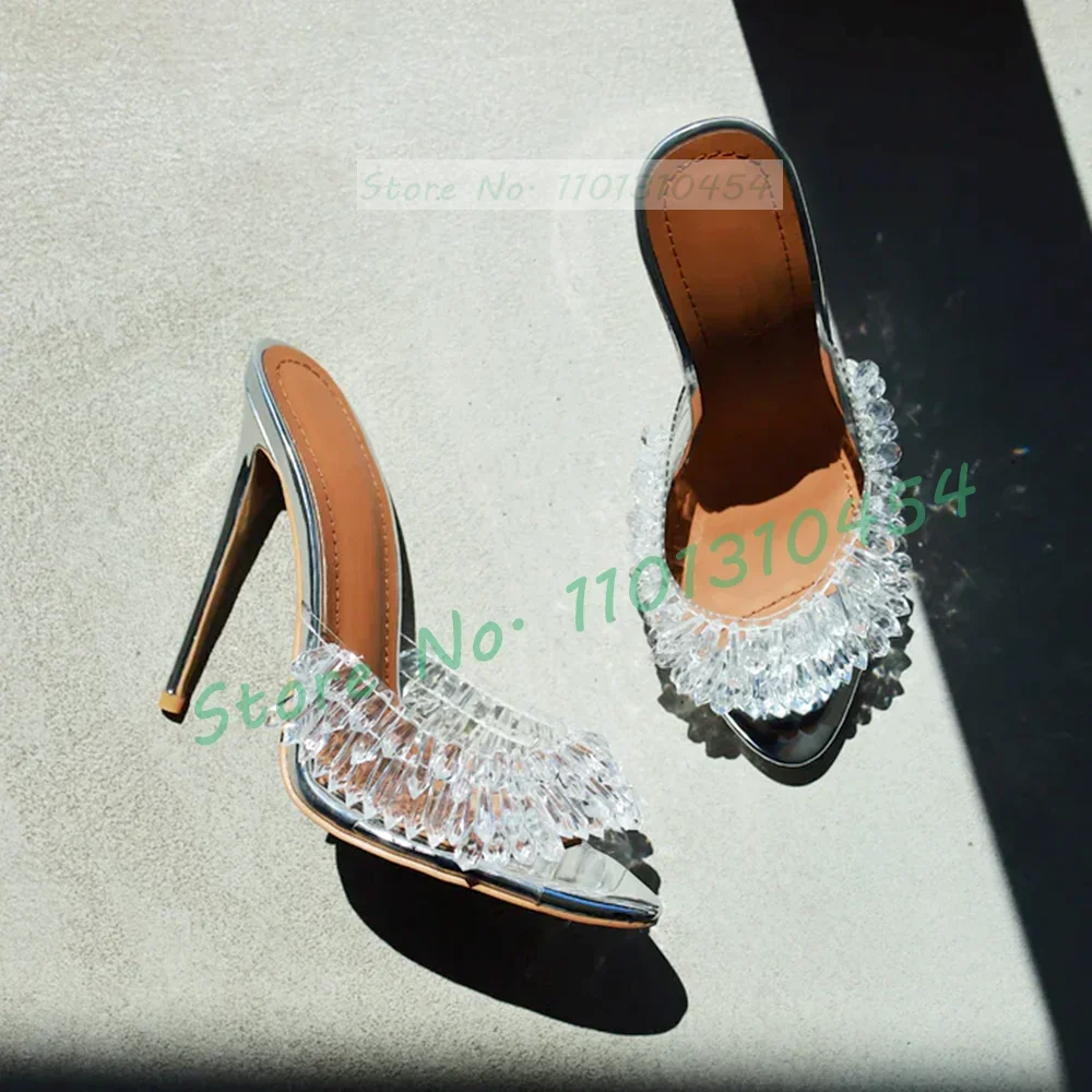 Clear Drop Crystal Open Toe Mules Women Sparkling Silver Mirrored High Heels Elegant Shoes Ladies Beaded Decor Solid Slippers