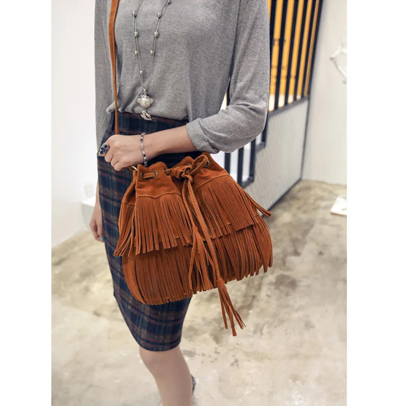 Vintage Bohemian Bag Fringe Bags Frosted Leather Women Shoulder Messenger Crossbody Bag Boho Gypsy Women\'s Handbags