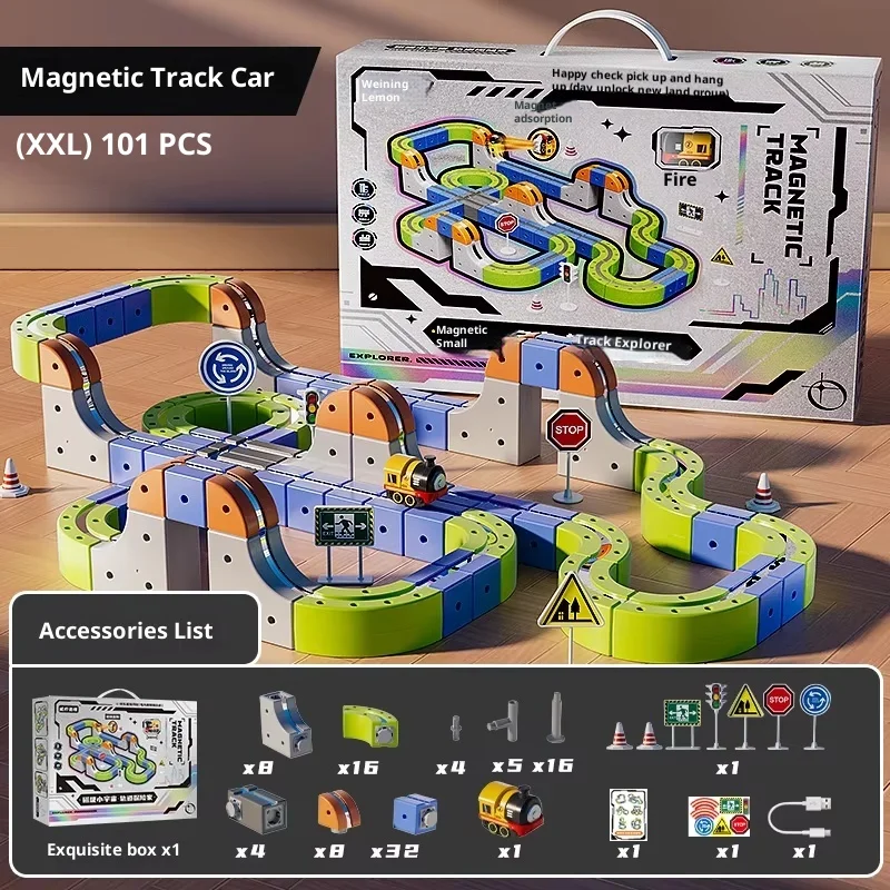 

Магнитный автомобильный гоночный железнодорожный путь STEM, набор 2025, моторизованный поезд Монтессори, гравитационный лабиринт, развивающая игрушка в подарок для детей
