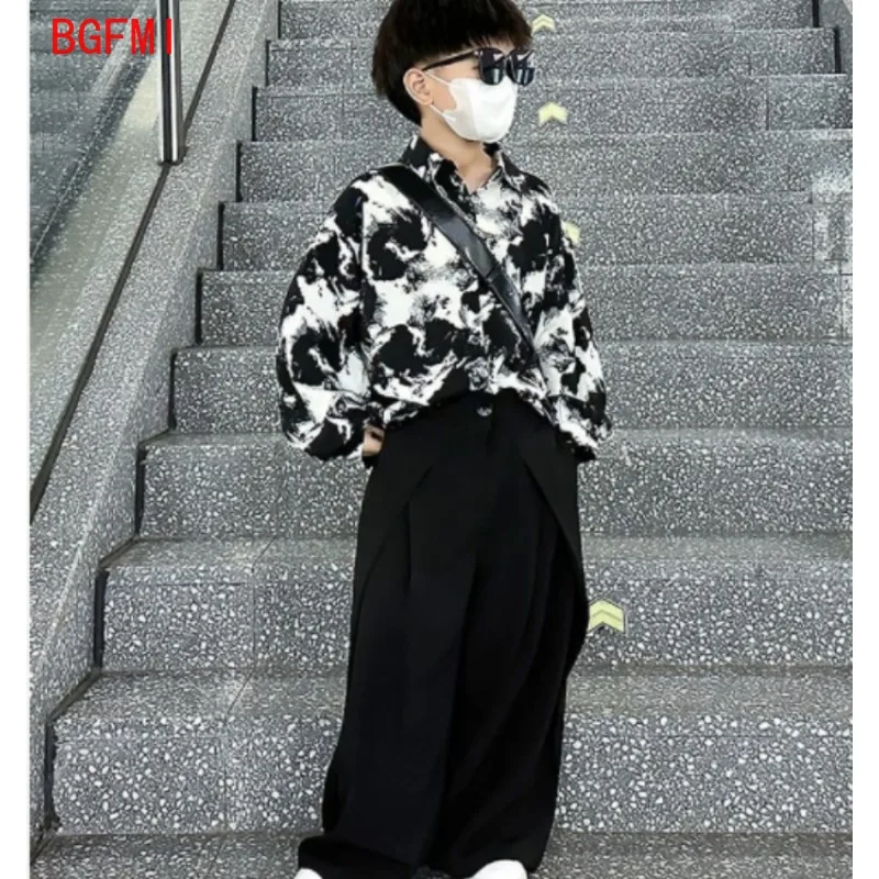 4-14Y Teenage Boy Shirt Outfit Fashion Kids Spring and Autumn Clothing New Korean Ink Painting Shirt and Wide-leg Suit Pants Set