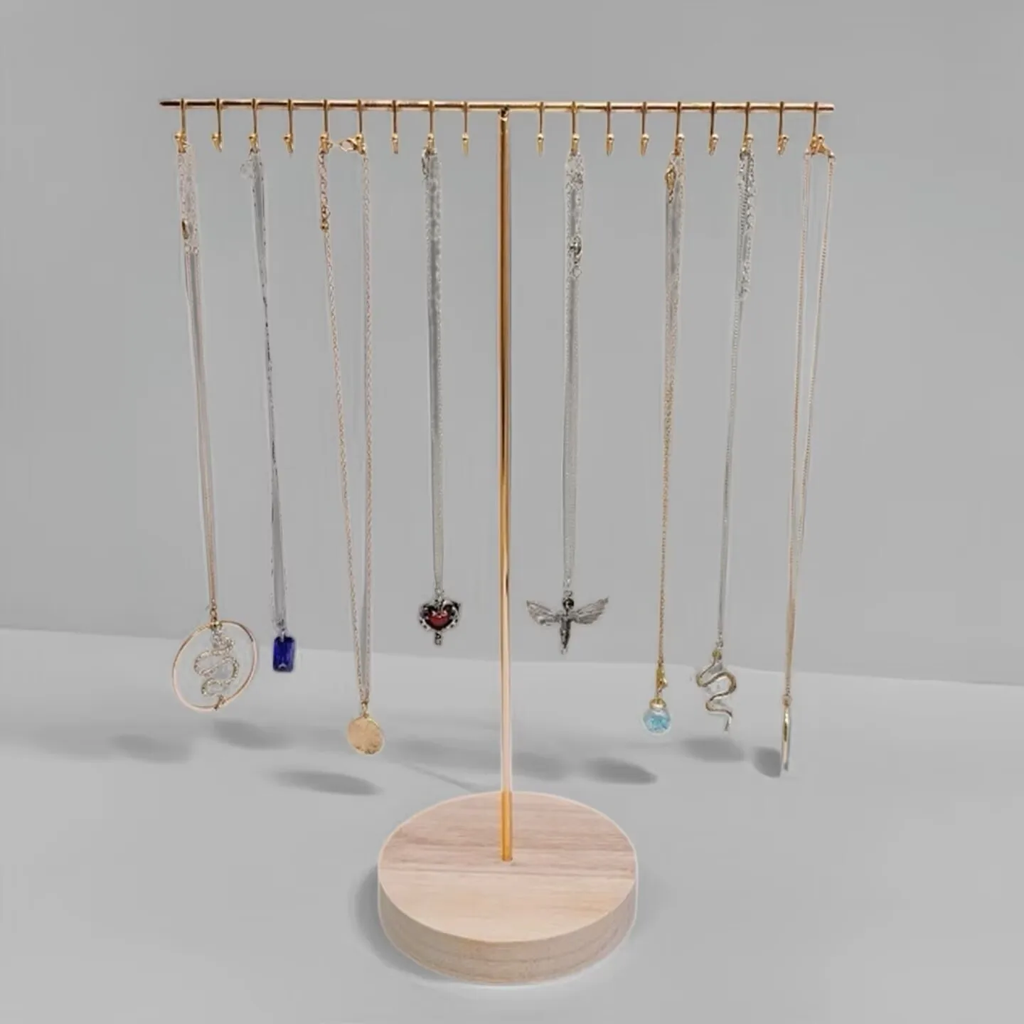 

Iron Art Necklace Bracelet Jewelry Display Stand 18 Hooks Wooden Base Storage Organizer Rack Scandinavian Style Accessories