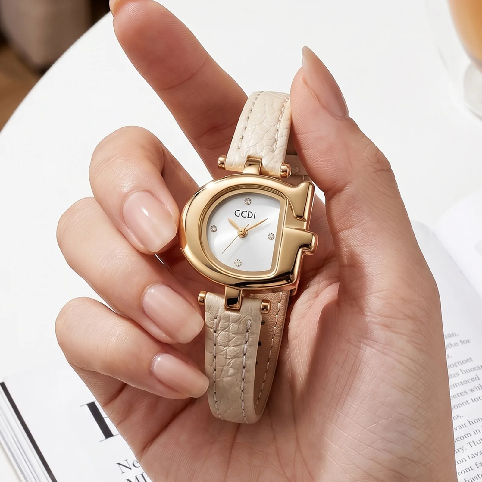 GEDI Women's Retro Diamond Studded Leather Strap Quartz Watch Personalized Dial Light Luxury Fashion Clock