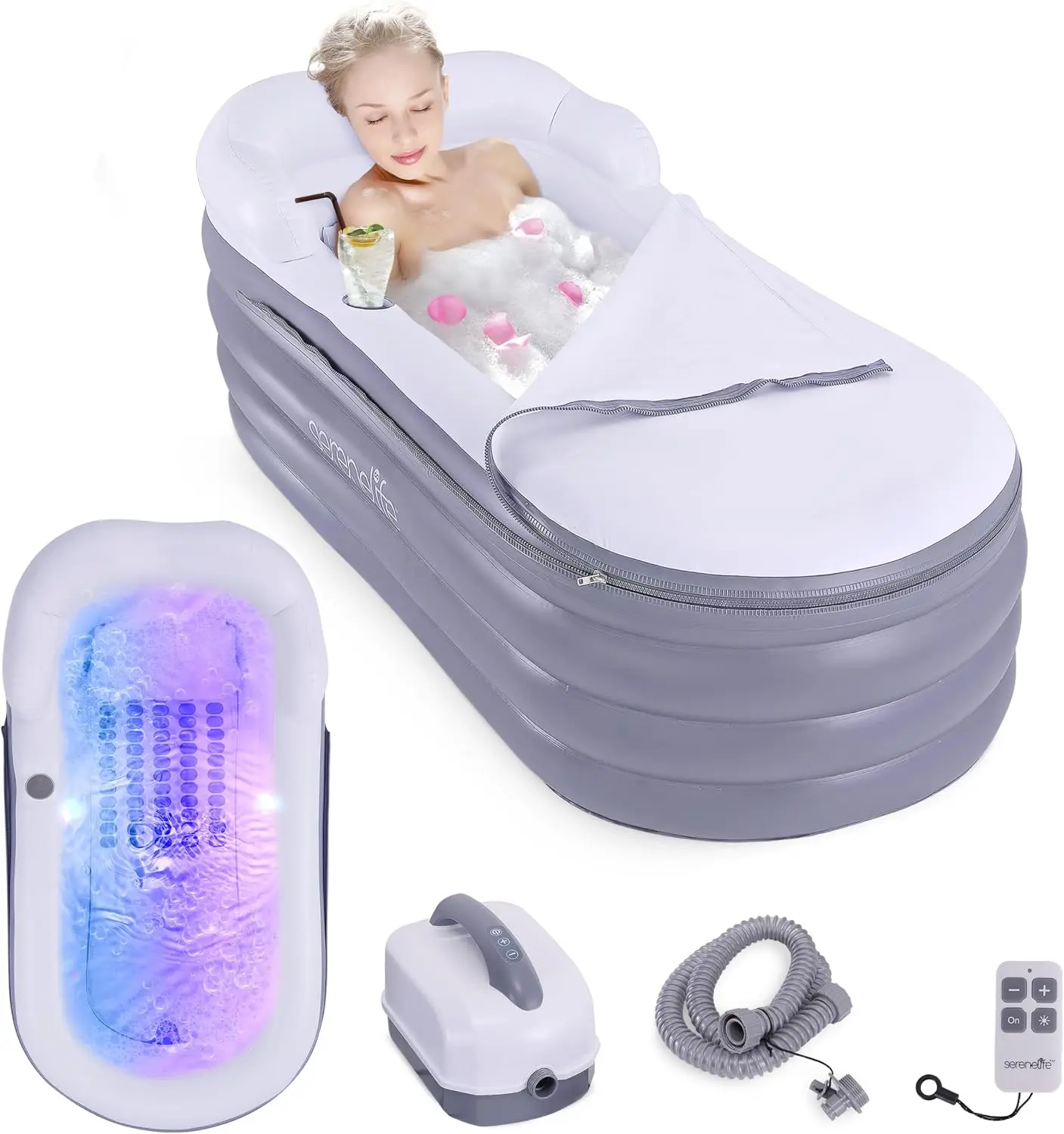 Spa Bathtub with Bubble Massage Mat - Inflatable Bathtub with Pillow, Cup Holder, Remote Control for LED Lighting, Backrest