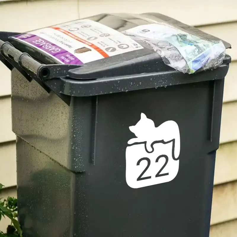 1PC 18x23CM Custom House Number Cute Cat-Themed Trash Can Sticker Waterproof Vinyl Decals Self-Adhesive Universal image 2