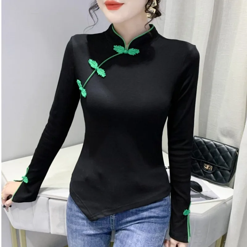 

#4220 Black White Chinese Style Vintage T Shirt Women Stand Collar Long Sleeve T Shirt Cotton Asymmetrical T Shirt For Girl Sexy