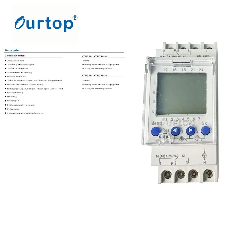 ATHC622 Time Switch OURTOP 220V 12V 24 Hours Mechanical Programmable Din Rail Timer Switch