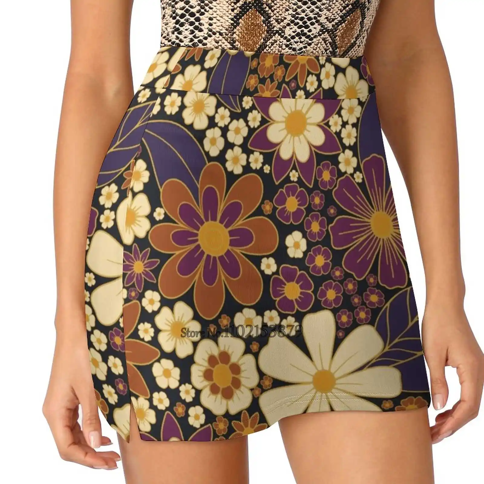 

Fall Autumn Floral In Purple Mustard Yellow & Gold New Women Skirts Double-Layer Printed Short Dress Mini Sport Skirt Fall