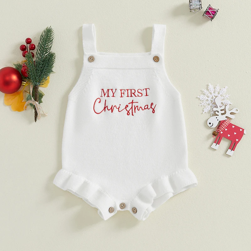 

Suefunskry Baby Girl Knit Romper Sleeveless Square Neck Letter Embroidery Ruffled Bodysuit Newborn Overalls Sweater Jumpsuit