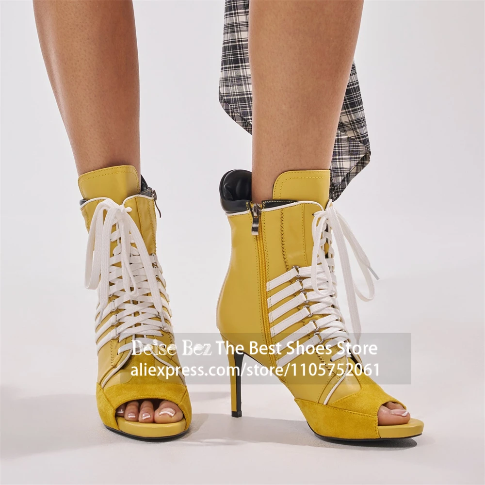 White Stripe Peep Toe Stiletto Ankle Boots Sporty Lace Up Open Toe Booties Contrast Striped High Heel Ankle Sandal Boots Women