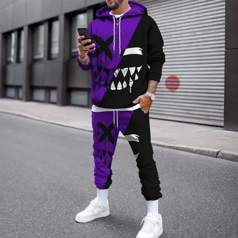 3D Smile Face Print Autumn Winter Tracksuits Men's Hoodies Pants Suit Trousers Suits Pullover Sweatpants Casual Streetwear Set