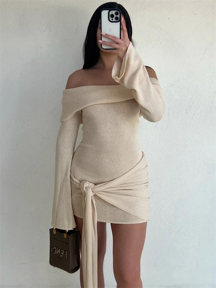 Tossy Knit Sweater Lace-Up Mini Dress Female Off-Shoulder Slim Patchwork Loose Twist Ribbed Knitwear Dress Women\'s Party Dress