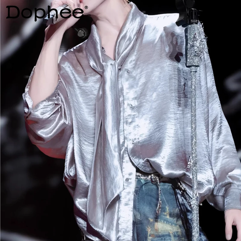 

2026 Spring New Fashion Solid Color Shirts Men's Long Sleeve Loose Comfort Stylish Trendy Ribbon Shirt Solid Color Simple Tops