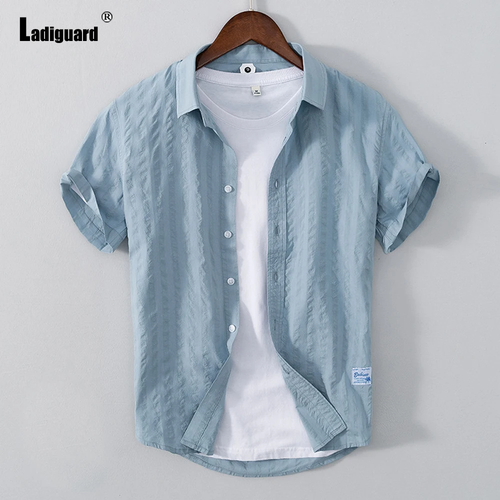 

Ladiguard Plus Size Men Short Sleeve Stripes Blouse Lepal Collar Summer Casual Shirt blusas 2022 Single-Breasted Top Clothing