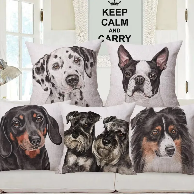 Hand Painting Dog Poster Cushion Cover, Shepherd Boston Bulldog Dalmatian Chihuahua Print Polyester Pillow for Sofa Bedroom Home