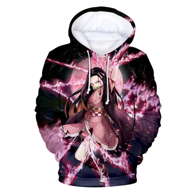 Hoodies de anime para homens e mulheres Kamado Nezuko, tamanho grande, impressão 3D, pulôver com capuz, casual, streetwear com gola redonda, tops