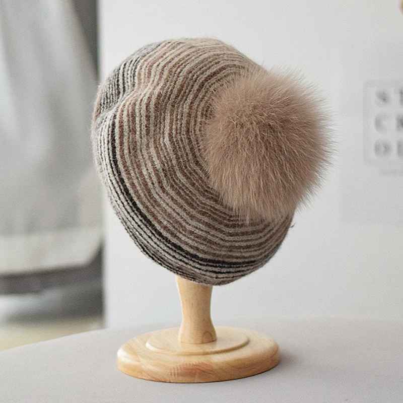 

Beret Women Hat Winter Angora Wool Knit Pompom Of Real Fur Warm Accessory For Autumn Outdoor Holiday Luxury