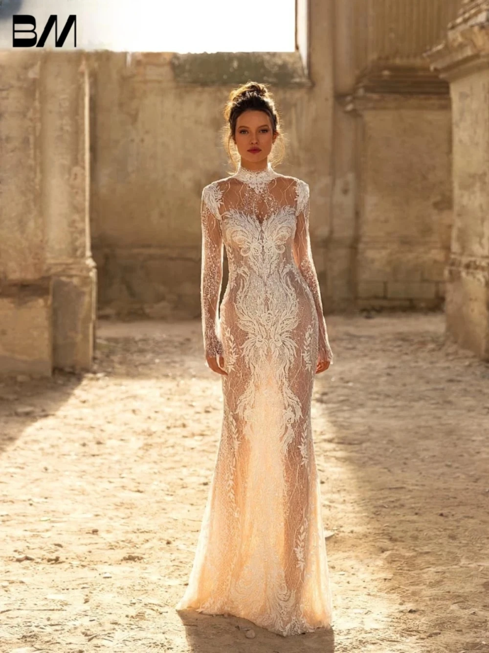 

Dazzling See Through Wedding Dress Fashionable Lace High Neck Customized Bridal Gown Charming Long Sleeves Open Back Women Wear