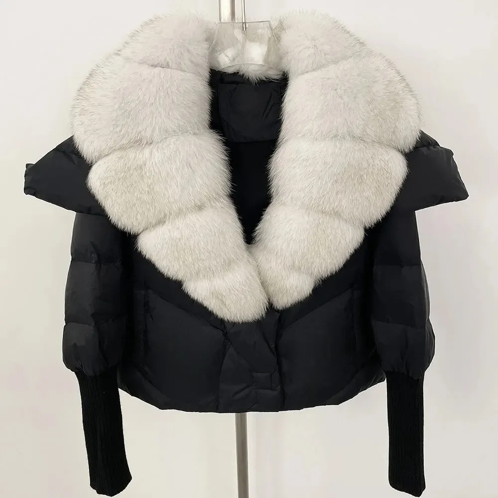 الموضة الحقيقية الطبيعية الثعلب الفراء طوق سترة منفوخة شتاء دافئ الأبيض بطة أسفل معطف المرأة سميكة ملابس خارجية غير رسمية قصيرة الفراء سترة #5
