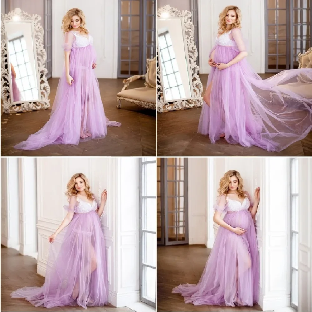 Maternity Dress Photoshoot See Through Pregnancy Dress Tulle Maternity Photoshoot Props Short Sleeve Split Maxi Dress Maternity