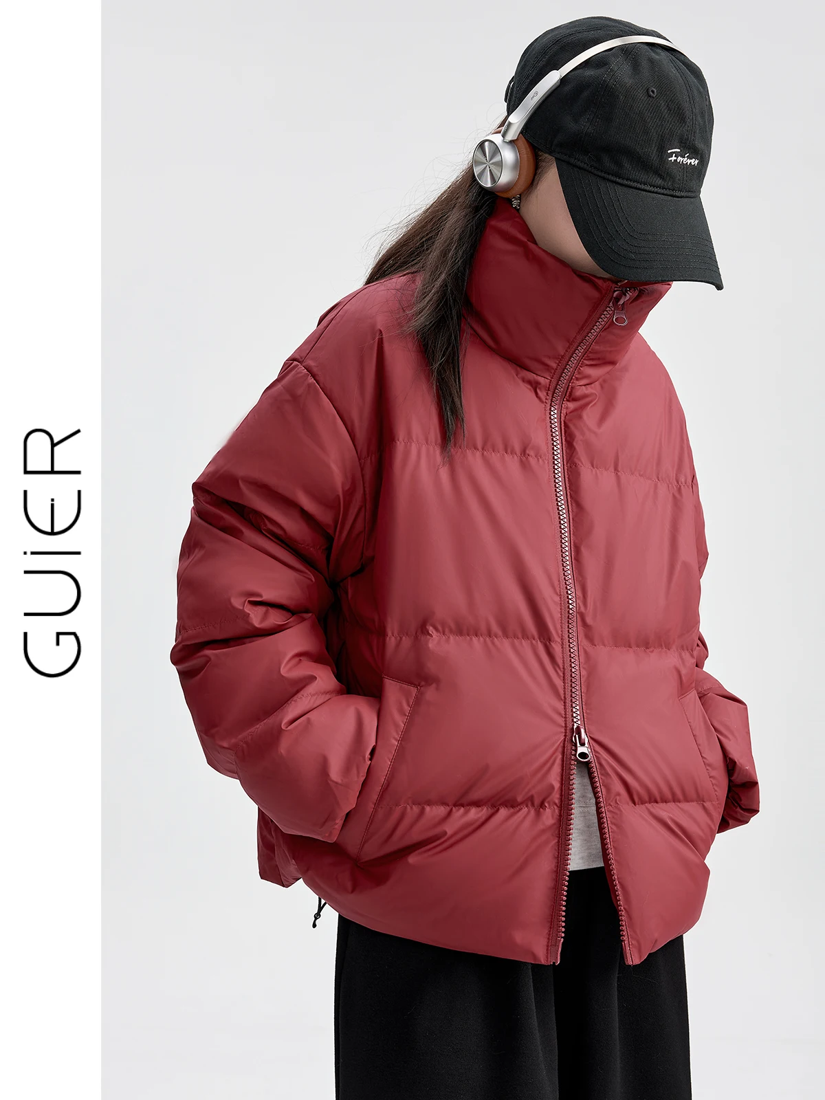 

Красная женская зимняя утепленная куртка с воротником-стойкой, двойной молнией, повседневная, однотонная, с длинными рукавами