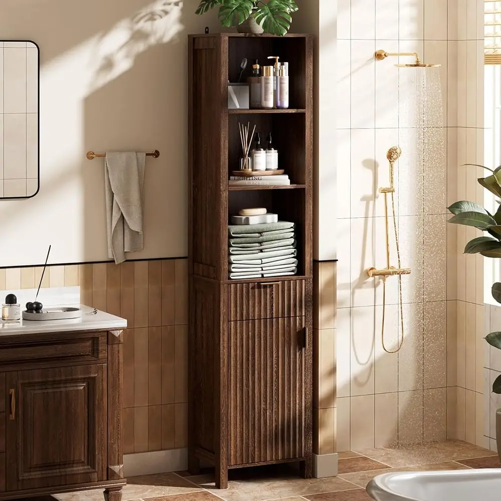 

68 Tall Slim Bathroom Storage Cabinet with 12 Depth, Walnut Wood Organizer for Small Spaces