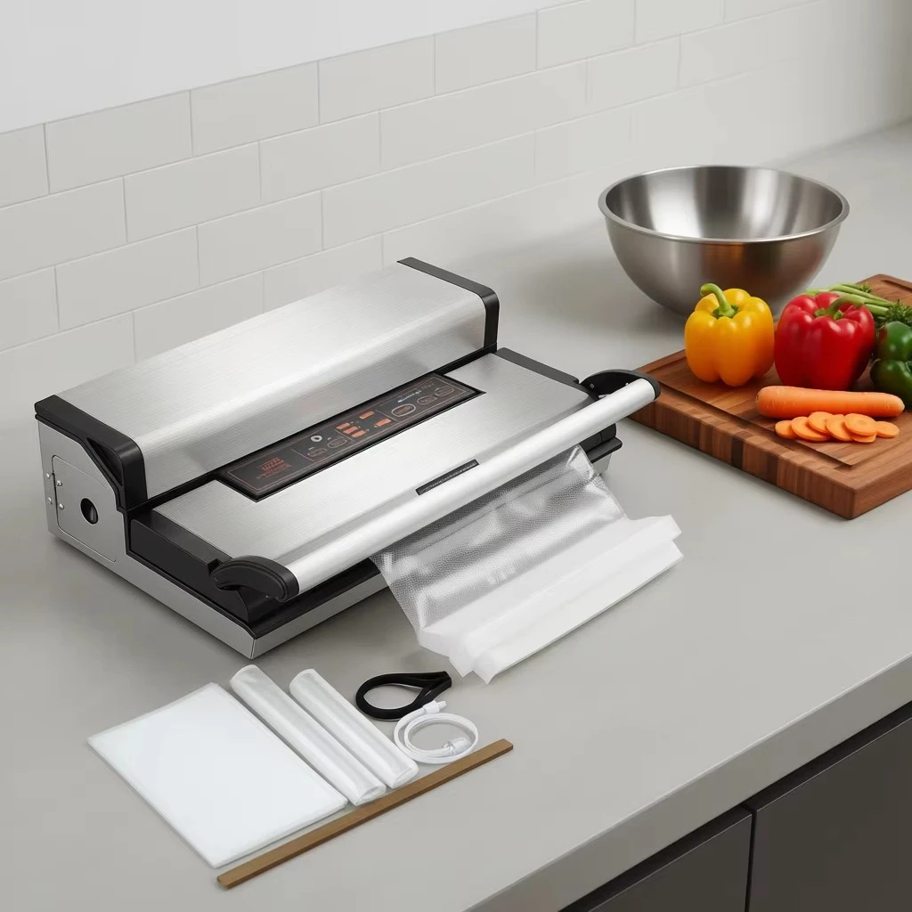 Vacuum sealing machine 350W 95Kpa stainless steel automatic food sealing system with cutter and hose