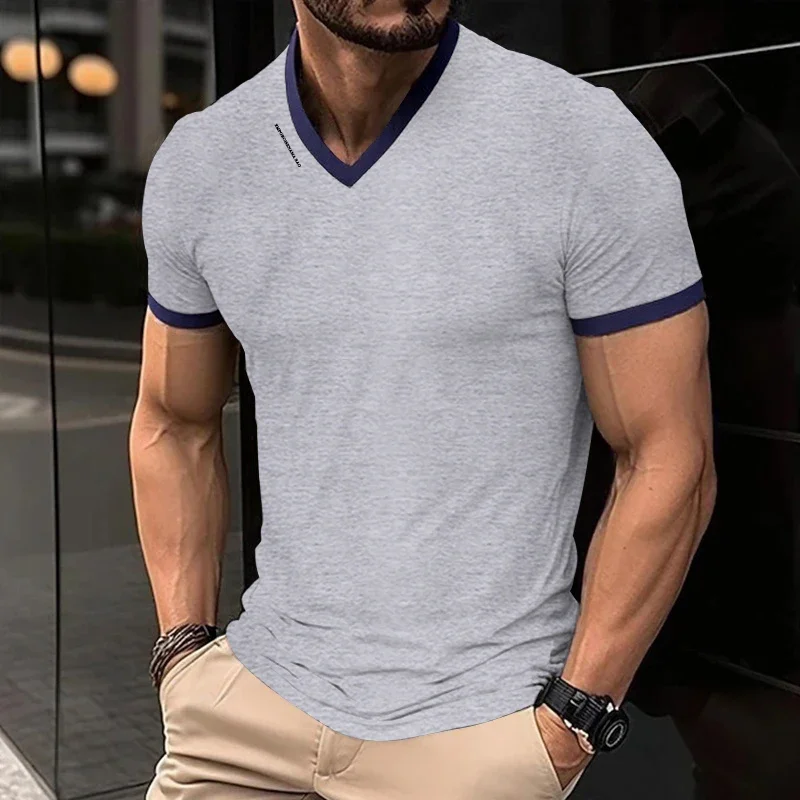 Men's Casual and Fashionable Solid Color V-neck Short Sleeved T-shirt with Letter Print Summer Versatile and Comfortable Top