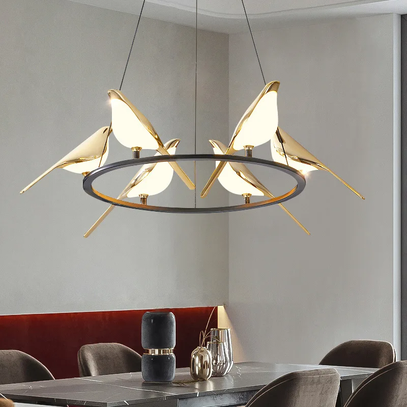 AB D25.6in Acrylic Gold 6 Birds Ring Chandelier Nordic Dining Table Magpie Pendant Modern Designer Living Room Light Middle