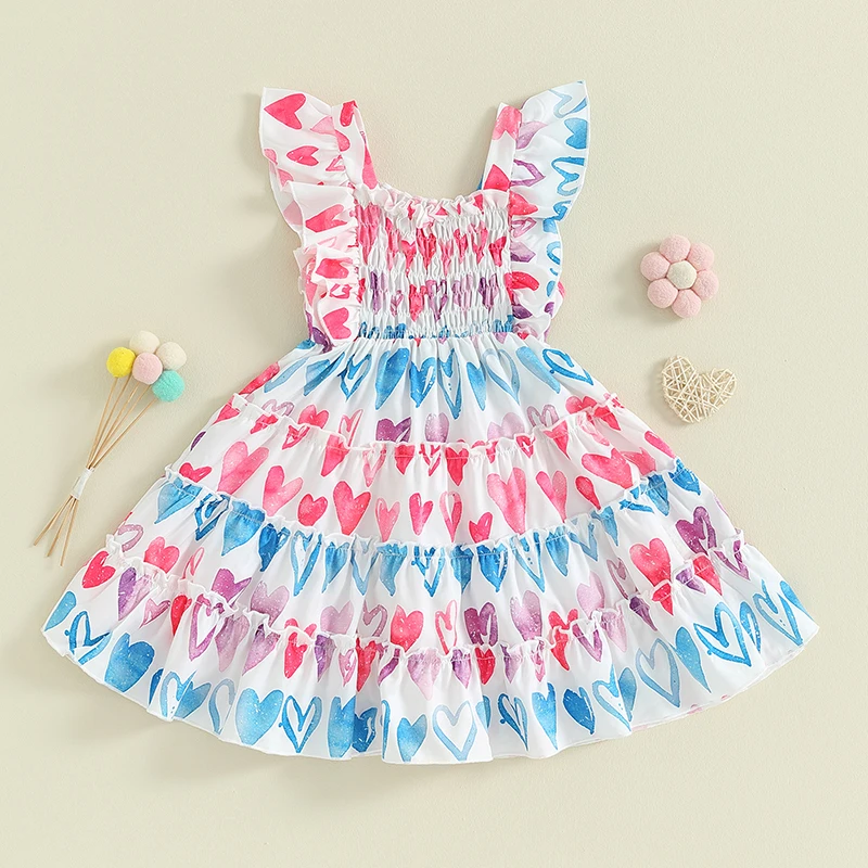 Valentines Day Baby Girl Dress Toddler Kids Heart Print Sleeveless Smocked Dresses Ruffle Sleeve Sundress