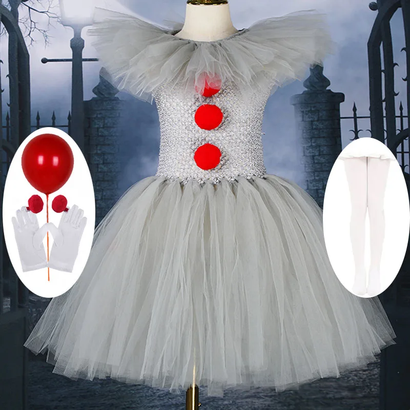 

Halloween Gray Clown Dress Girls Joker Cosplay Costume Tutu Dress Creepy Clown Kids Carnival Party Cosplay Tulle Fancy Dresses