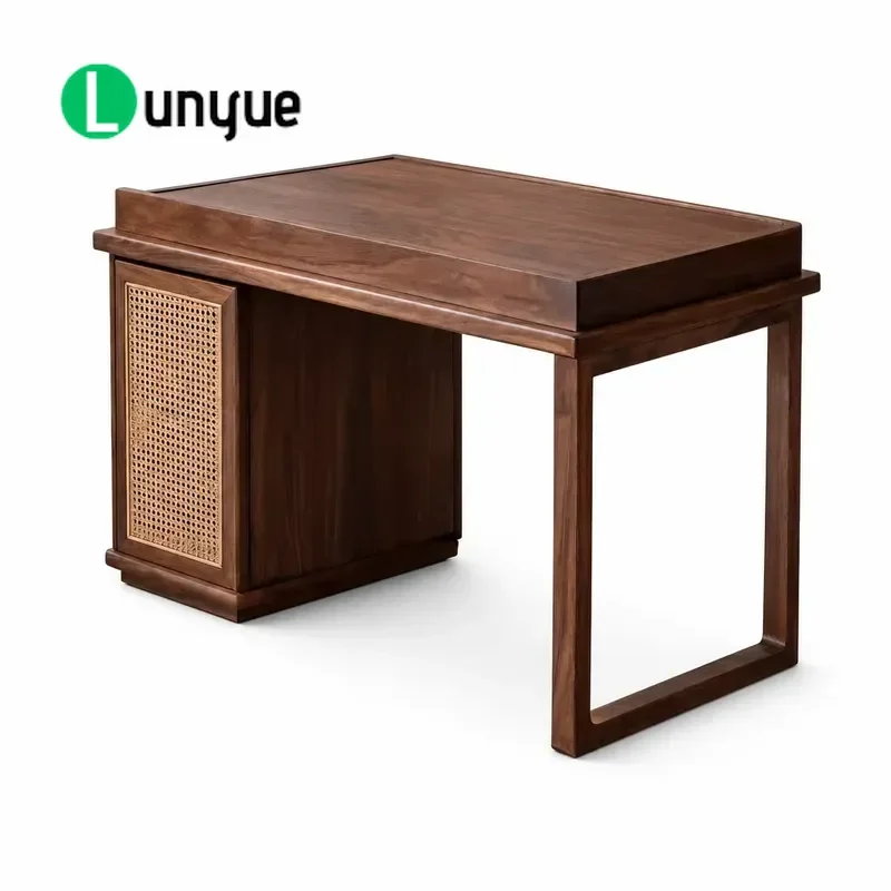 North American Black Walnut Writing Desk with Rattan Cabinet Modern Rectangular Ring Leg Study Table for Home Office Hotel