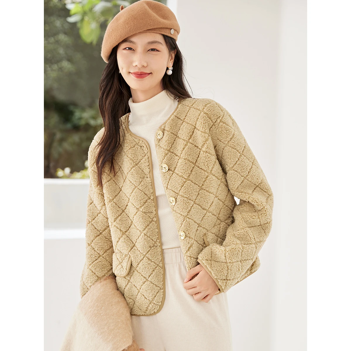 SENTUBILA Giubbotti in pelliccia finta da donna 2025 Argyle Girocollo Bottoni in metallo Cappotto in pelliccia sintetica Capispalla invernale da donna vintage W54WM3630X