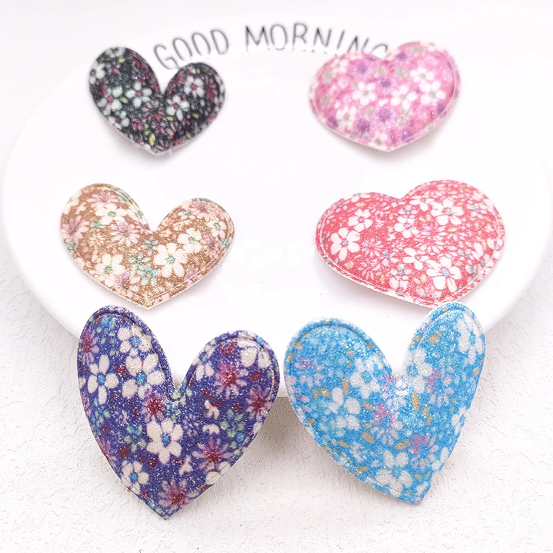 40Pcs/Lot 5CM Shiny Fabric Heart Padded Appliques For DIY Handmade Children Headwear Garment Accessories Patches