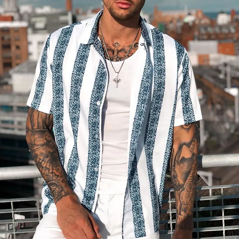 

2023 Striped Men's Shirt Summer Casual Fashion Short Sleeve Daily Shirt For Men Basic Simple Basic Hawaiian Shirt Man Tops
