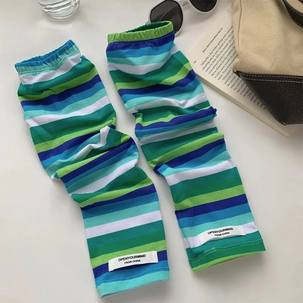 Y2k Color Strip Ice Arm Sleeve Long Harajuku Stripe UV Protection Arm Gloves Loose Anti-sunburn Ice Silk Sleeves Cycling