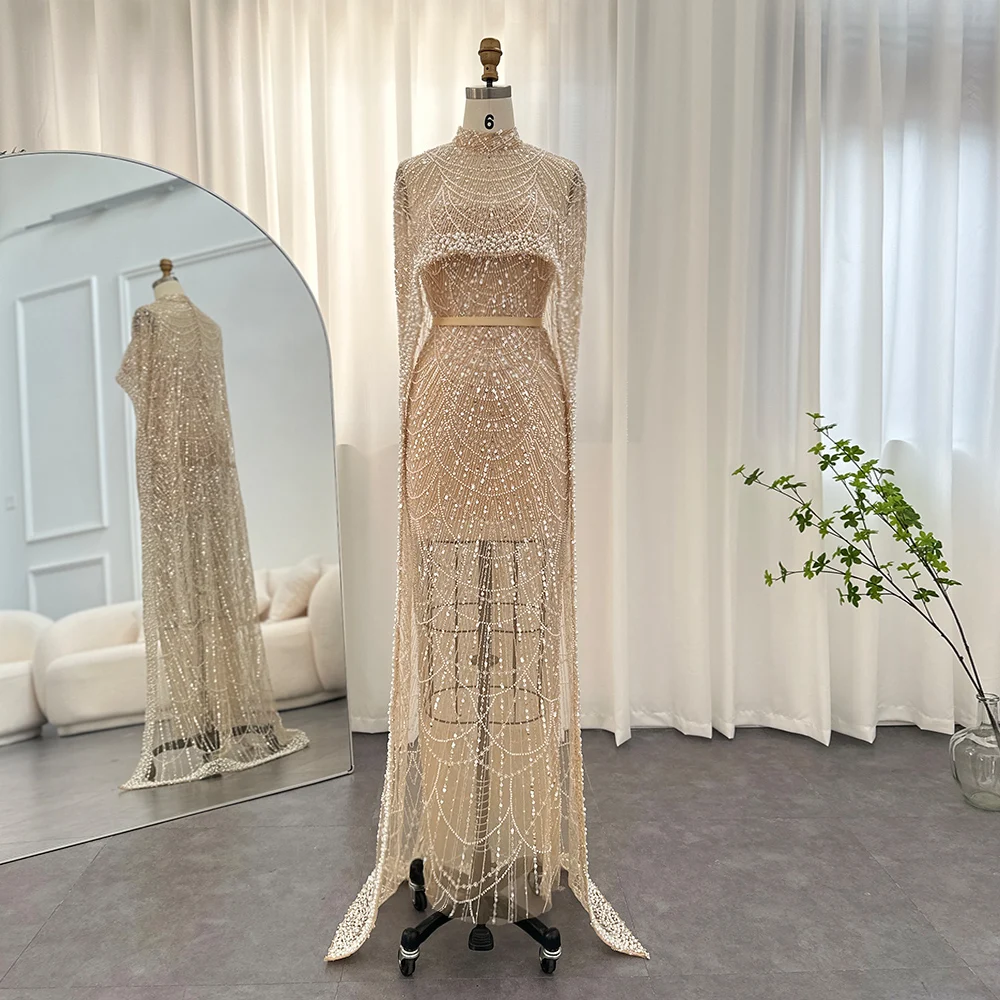 Sharon Said Luxus-Perlen Dubai Champagner Meerjungfrauen-Abendkleider mit Cape-Ärmeln Arabisches Hochzeits- und Abschlussballkleid SS369 Maßanfertigung – Detail 7