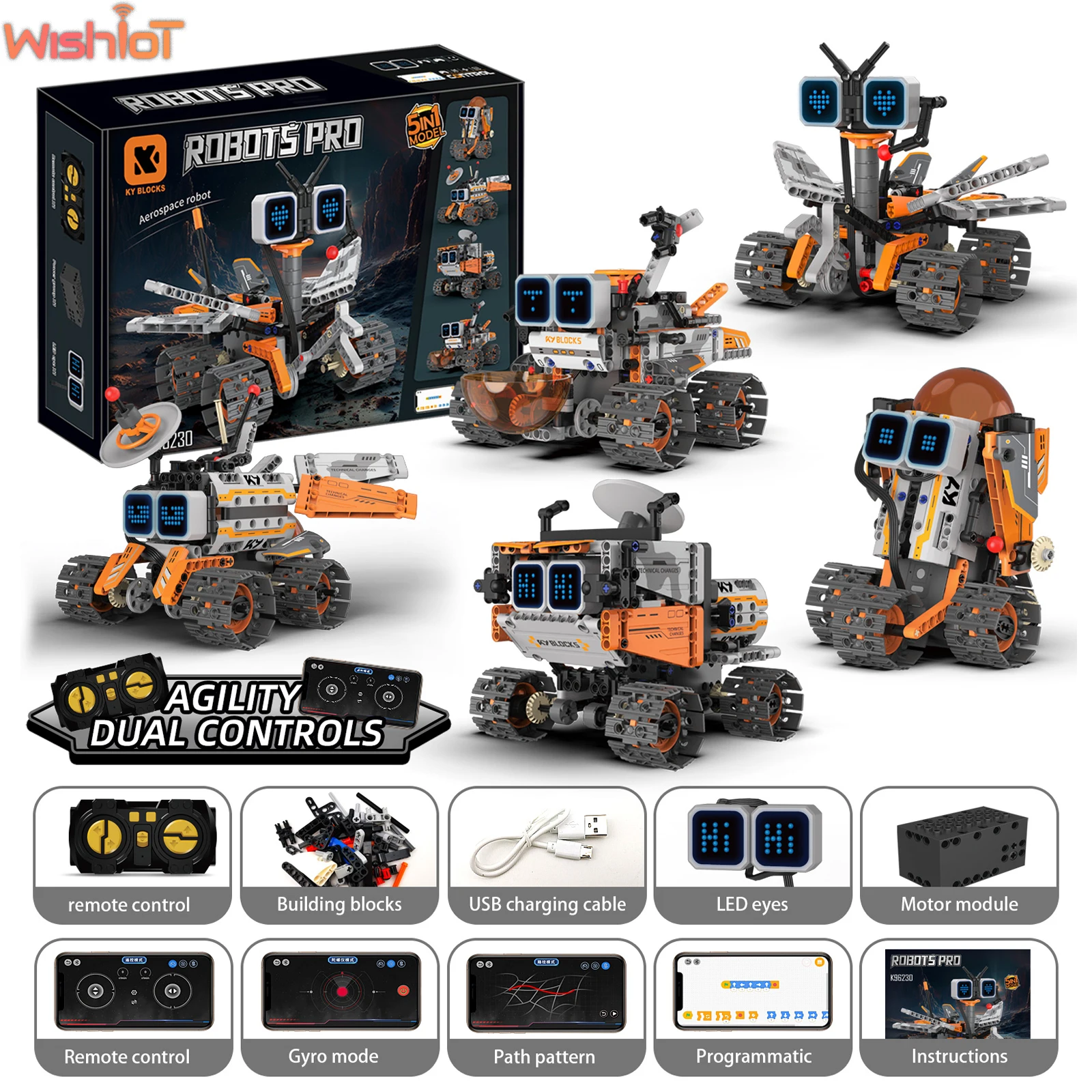 

MOC 5-в-1 интеллектуальный гусеничный робот, строительные блоки, приложение для программирования, дистанционное управление, трюк, автомобиль, светодиодные глаза, STEM, образовательная игрушка в подарок