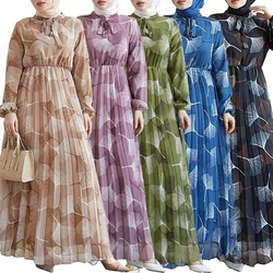 Women Dress Long Dresses Print Casual Pleated Tight Waist A Line Vestidos Slim Fit Round Neck Full Sleeve Elegant Splice Summer